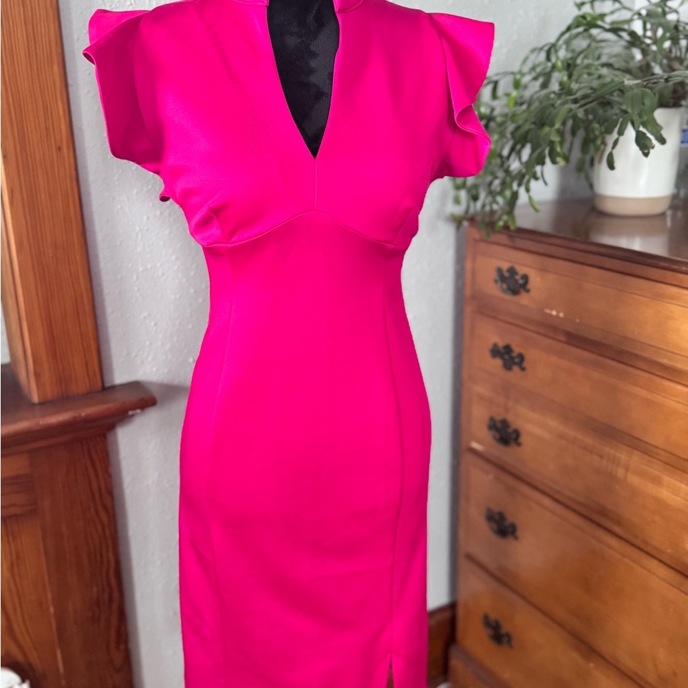 Pink Sheath Dress with V-Neck and Flutter Sleeves